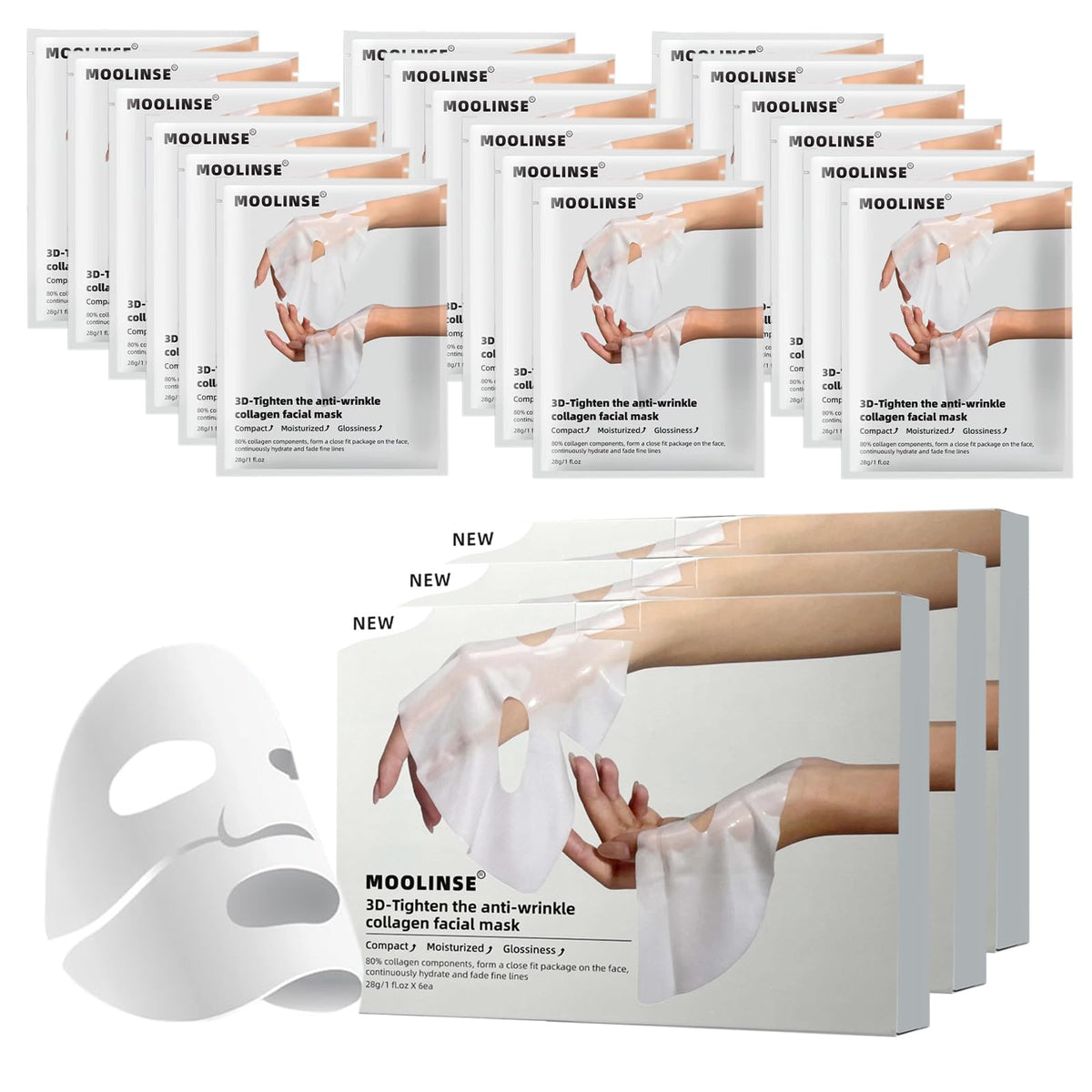 FASHIONARI Deep Bio-Collagen Real Mask 28g*18 EA Facial Hydrogel Masks with Low Molecular Weight Collagen Hydrating Overnight Mask for Moisturizing Breathable Firming Easily Absorbed