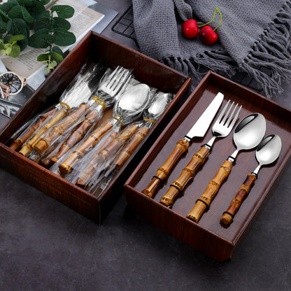 304 Stainless Steel Cutlery Set with Bamboo Handle (20/24 pcs)
