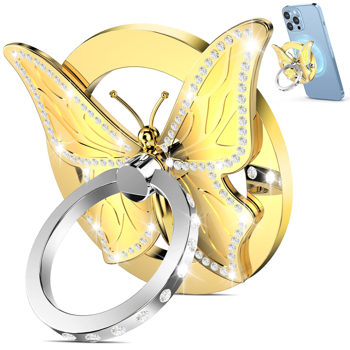 Magnetic Phone Ring Holder for MagSafe[Removable] Magnetic Phone Grip [Loop Grip] with 1 Metal Rings Phone Ring Stand Holder Finger Grip Kickstand 360° Rotation MagSafe Accessories(Glitter Gold)