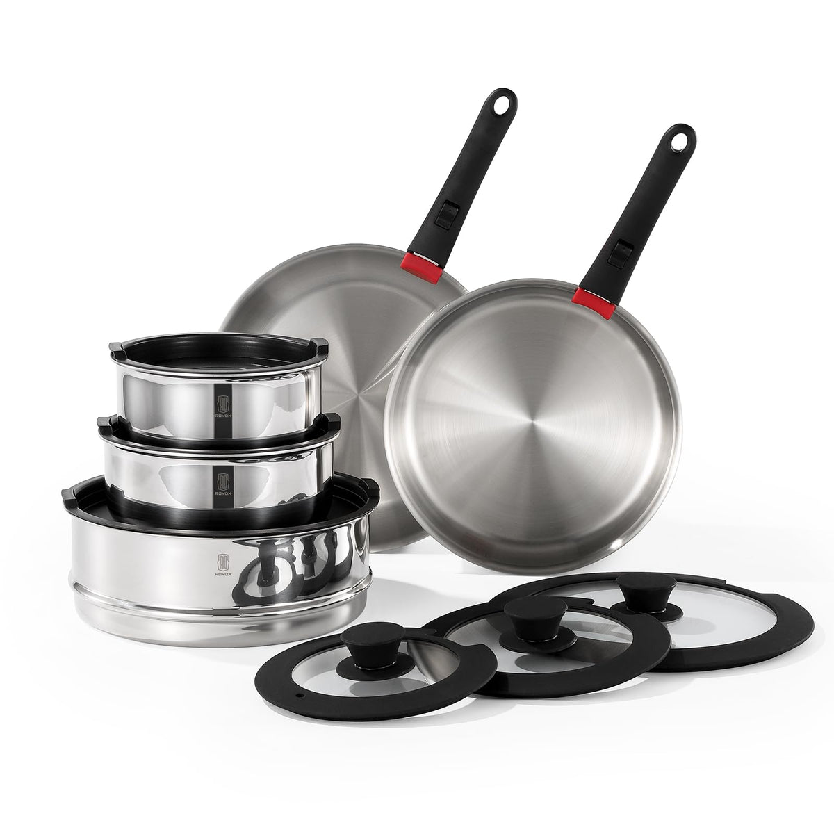 ROYDX 16pcs Pots and Pans Set Stainless Steel Cookware Set Detachable Handle Induction Kitchen Stackable RV Cookware Sets (Camper Boat Small Kitchen) Dishwasher Safe&amp;Oven Safe PFOA Free Silver