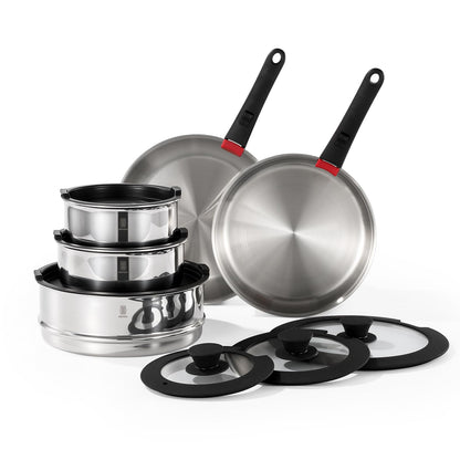ROYDX 16pcs Pots and Pans Set Stainless Steel Cookware Set Detachable Handle Induction Kitchen Stackable RV Cookware Sets (Camper Boat Small Kitchen) Dishwasher Safe&amp;Oven Safe PFOA Free Silver