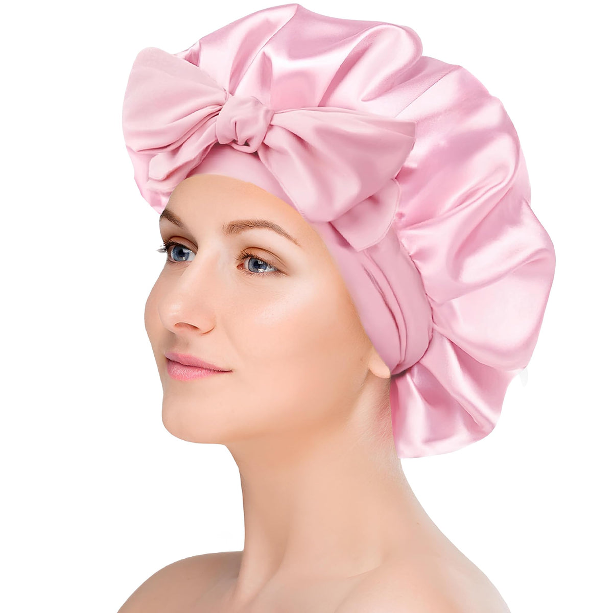 Silk Bonnet for Sleeping Women | Adjustable Satin Bonnet with Tie | Hair Bonnet with Scrunchie for Curly Hair Pink