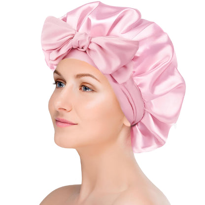 Silk Bonnet for Sleeping Women | Adjustable Satin Bonnet with Tie | Hair Bonnet with Scrunchie for Curly Hair Pink
