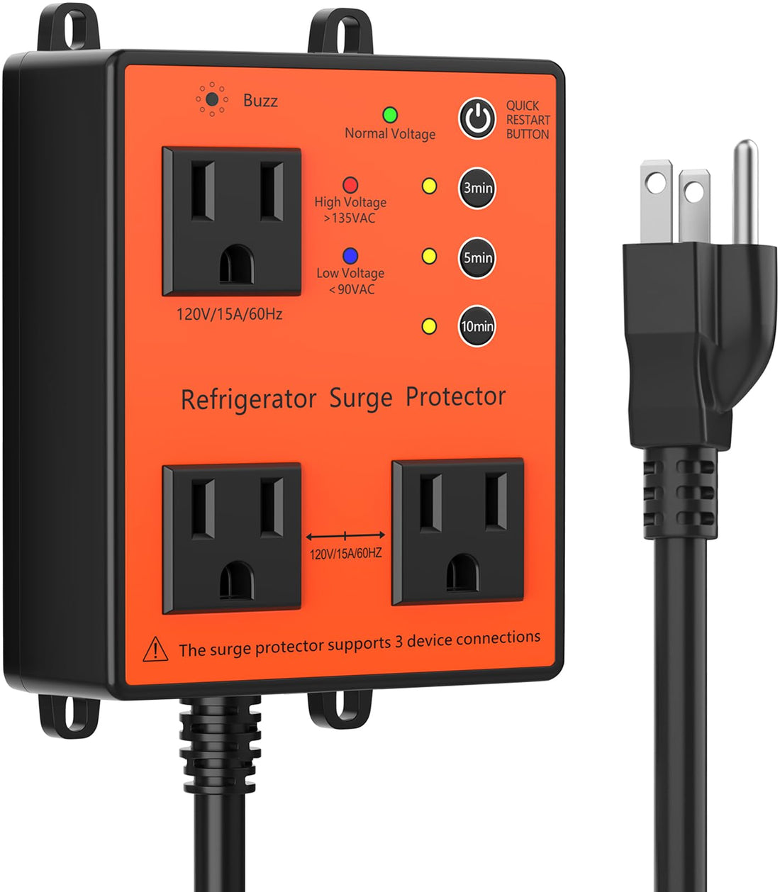 Refrigerator Surge Protector 3-Outlet 120V for Home Appliance Time Delay LED Indicator Light &amp; 110dB Alarm Protects Against Voltage Abnormalities Brownout Spike Instant Surge