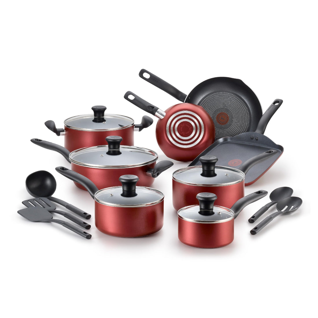 T-fal Initiatives Nonstick Cookware Set 18 Piece Oven Broiler Safe 350F Kitchen Cooking Set w/ Fry Pans Saucepans Saute Pan Dutch Oven Griddle Pots and Pans Home Dishwasher Safe Red